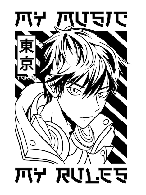 Vector anime poster manga comics illustration of a boy wearing headphones with japanese translation tokyo