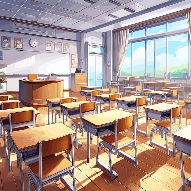 Vector anime scene background of a classroom school digital illustration vector daylight