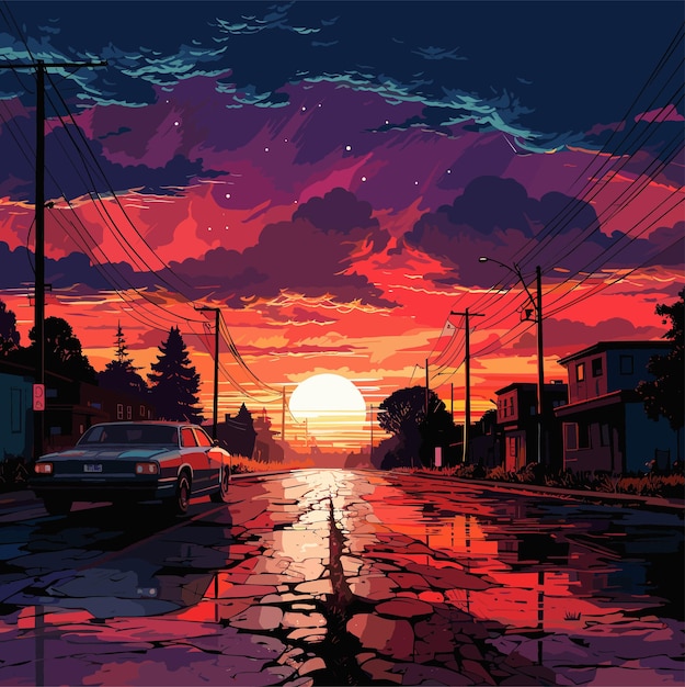 日没のひび割れた通りにある人けのないゴーストタウンのアニメシーンの背景