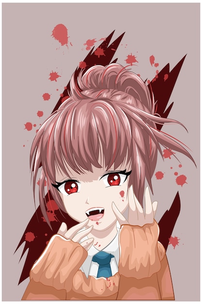 Anime style character beautiful girl has fangs with dark themes