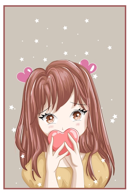 Vector anime style character brown haired girl with love and star background