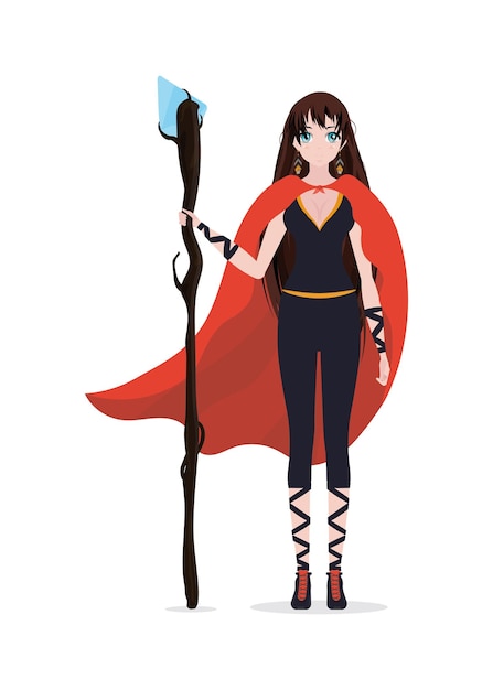 Девушка в стиле аниме, одетая в длинный костюм с плащом в стиле мультфильма "Изолированный вектор"