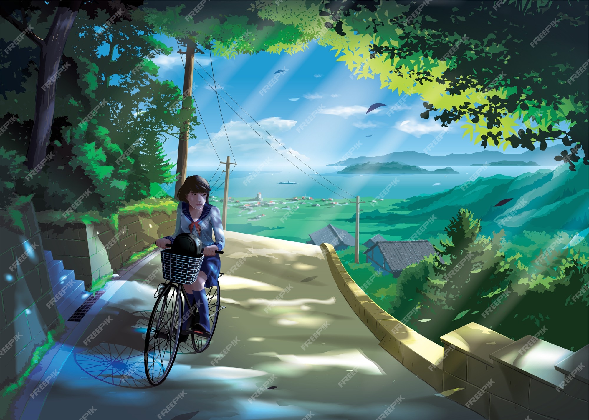 Premium Vector | Anime style of a japanese girl student rides a bicycle on  a road in the countryside
