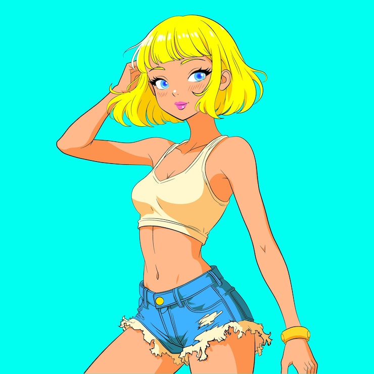 Vector 夏服を着た青い目と金のアニメの女性