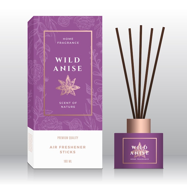 Anise spice home fragrance sticks abstract  label box template. hand drawn sketch flowers, leaves background. retro typography. room perfume packaging design layout. realistic mockup.