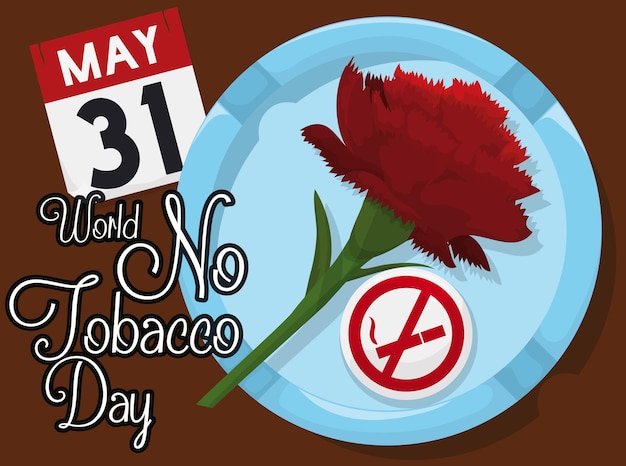 Anjer in asbak naast kalenderpagina en speld voor No Tobacco Day in bovenaanzicht