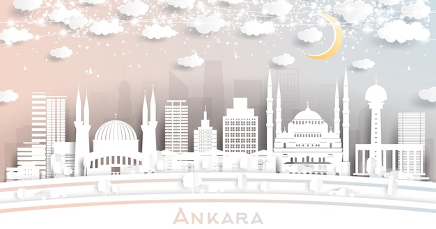 Ankara Turkey City Skyline in Paper Cut Style with White Buildings Moon and Neon Garland