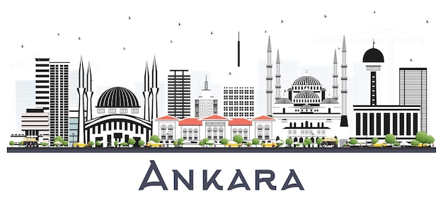 Горизонт города Анкара, Турция, с цветными зданиями, изолированными на белом векторе. Городской пейзаж Анкары с достопримечательностями. Концепция деловых поездок и туризма с исторической архитектурой.