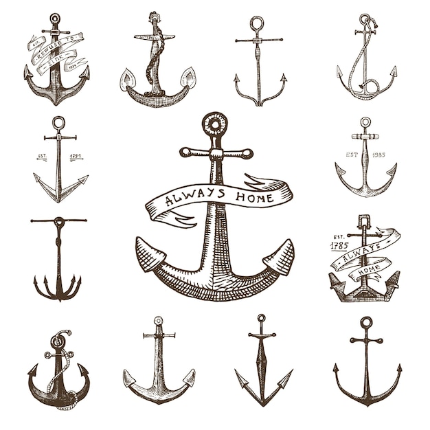 Anker gegraveerd vintage in oude hand getekend of tattoo stijl tekening voor mariene aquatische of nautische thema hout gesneden blauw logo