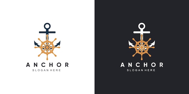 Anker marine logo-ontwerp met pictogram kompaswielbesturing en schip