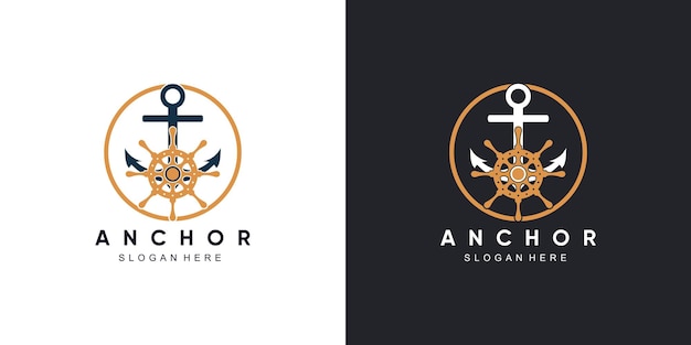 Anker marine logo-ontwerp met pictogram kompaswielbesturing en schip