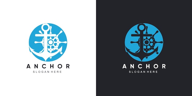 Anker marine logo-ontwerp met pictogram kompaswielbesturing en schip