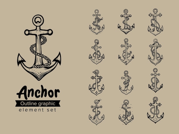 Anker overzicht doodle schets vector set collectie