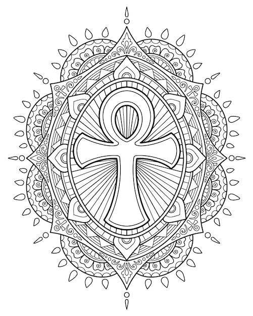 Ankh mandala decorativo design. pagina da colorare