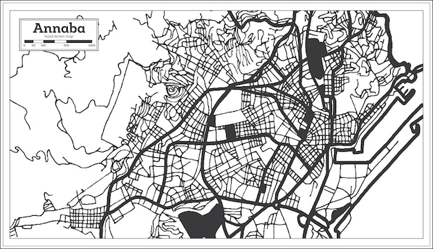 Mappa della città di annaba algeria in stile retrò con mappa di contorno a colori in bianco e nero