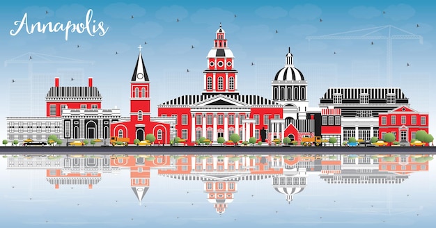 Vector annapolis maryland city skyline with color buildings blue sky and reflections