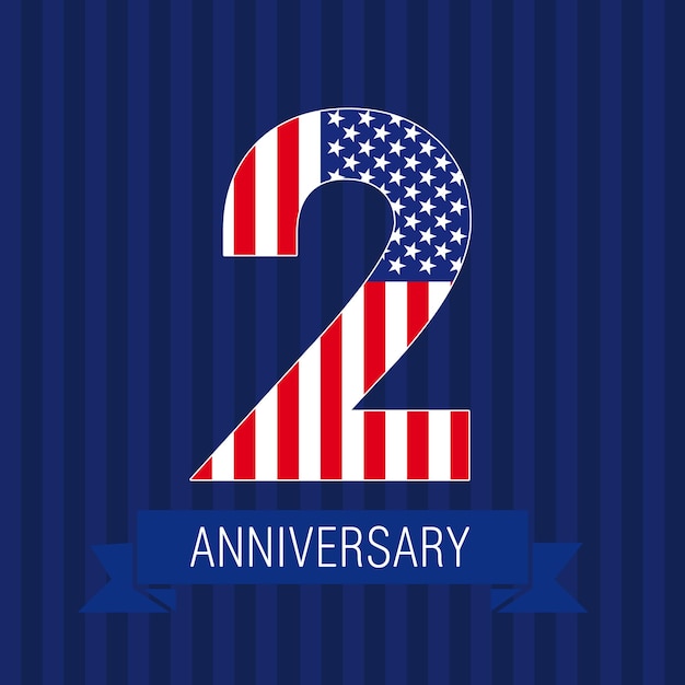 Anniversary 2 US flag logo. Template of celebrating icon of 2 nd place as American flag. USA number.