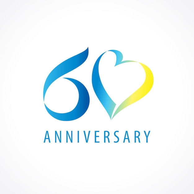 Юбилей 60 лет сердца празднуют векторный логотип. Поздравление с днем рождения с творческим 3D сердцем.