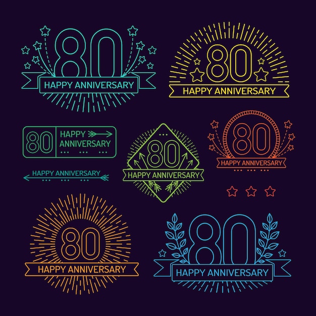 Anniversary 80th signs collection in outline style celebration labels with sunburst elements