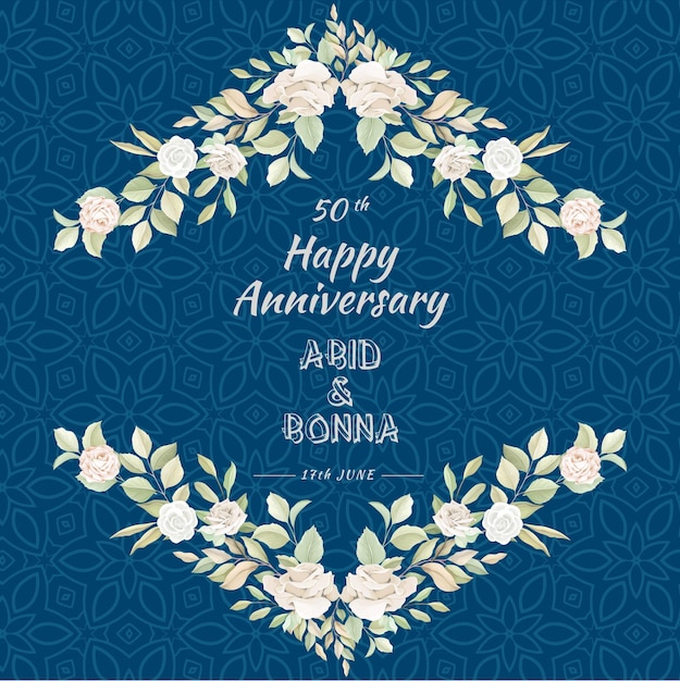 Anniversary card with vintage rose flower, leaves and blue mandala background