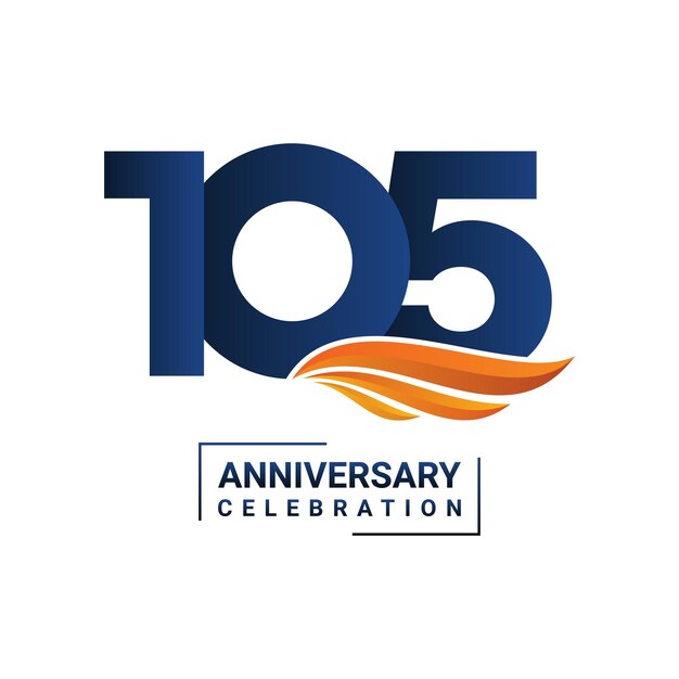Anniversary celebration decoration Blue number 105 with orange wings on a white background Vector illustration EPS10