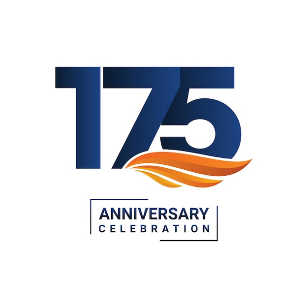 Anniversary celebration decoration Blue number 175 with orange wings on a white background Vector illustration EPS10