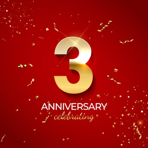 기념일 축하 장식. 색종이, 반짝이 및 유영 리본이 달린 황금 번호 3