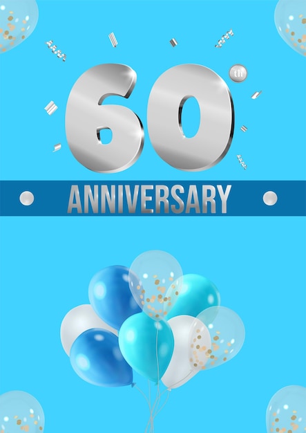 Anniversary celebration flyer silver numbers bright background with balloons 60