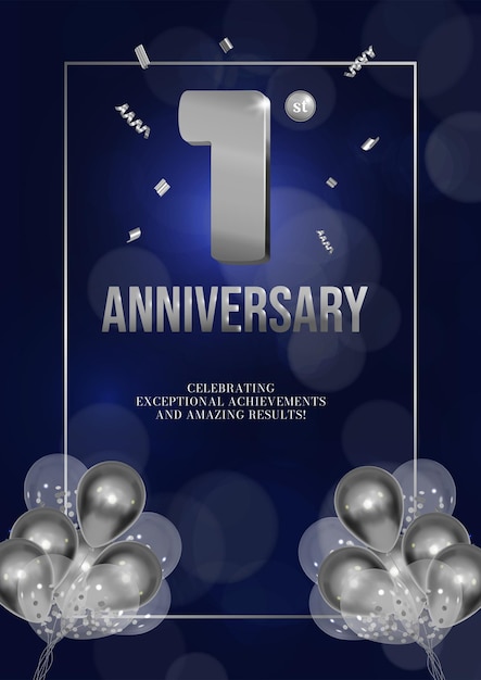 Flyer di celebrazione dell'anniversario numeri d'argento design di sfondo scuro con palloncini realistici 1