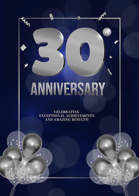 Vettore flyer di celebrazione dell'anniversario numeri d'argento design di sfondo scuro con palloncini realistici 30