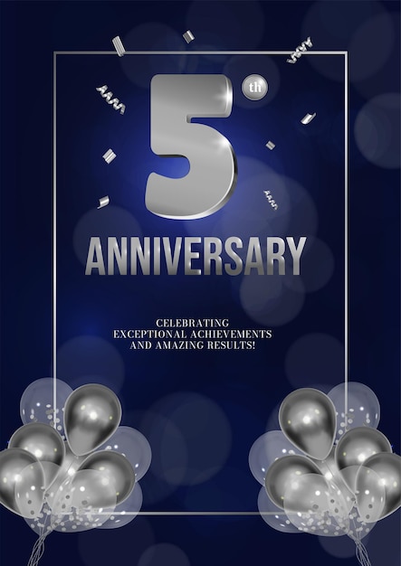 Anniversary celebration flyer silver numbers dark background design with realistic balloons 5