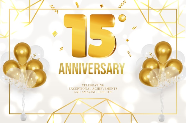 Celebrazione dell'anniversario numeri dorati e palloncini sfondo bianco sfondo orizzontale 15
