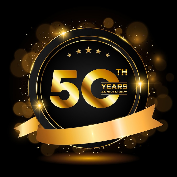 Vector anniversary celebration template design golden number 50 with sparkling confetti and ribbon vector illustration eps10