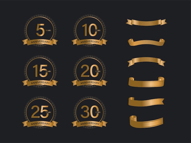 Vector anniversary emblem set with golden ribbon on black background.