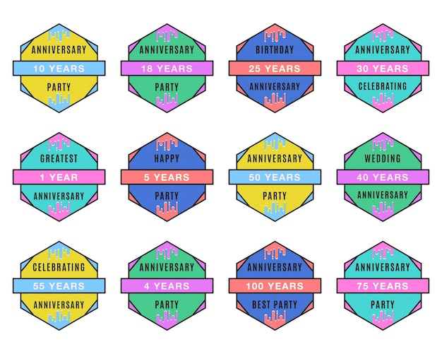 Anniversary Logo Templates Collection Wedding badges in flat modern style and different color palletes Birthday anniversary labels set Stock vector designs