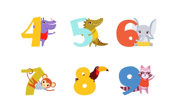 Anniversary Numbers with Cute Animals Set Hippo Crocodile Elephant Monkey Toucan Raccoon Cartoon Style Vector Illustration