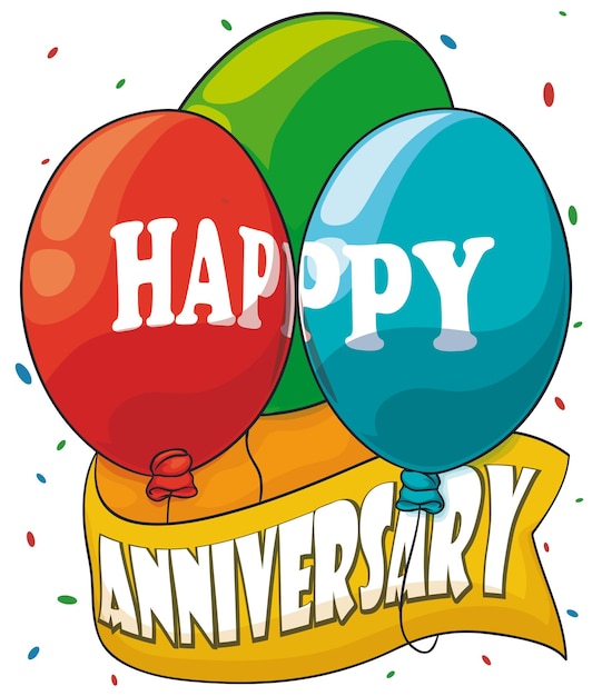 Anniversary party design with colorful confetti balloons and a greeting ribbon around it