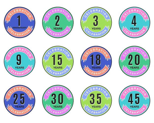 Anniversary round logo templates collection wedding badges in flat modern style and different color palletes birthday anniversary labels set stock vector designs