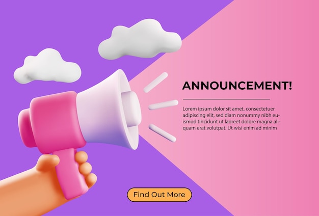 Announcement or promotion concept with 3d hand holding loudspeaker or megaphone and text placeholder