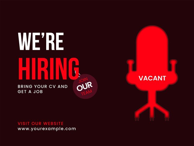 Announcement of we're hiring new members to join our team and blurred vacant chair against brown background