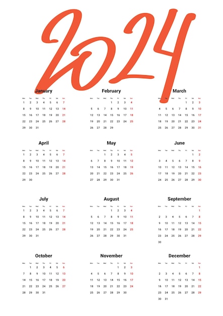 Vettore modello di calendario annuale 2024 su sfondo bianco la settimana inizia il lunedì tipografia logo 2024