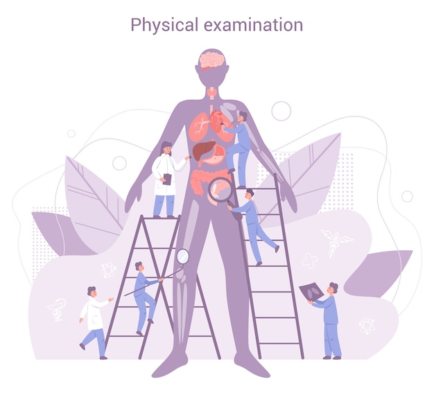 Esame sanitario annuale e completo dell'organo interno. medici che esaminano paziente maschio controllando cuore, polmoni e sistema digestivo. idea di assistenza sanitaria e diagnosi delle malattie.