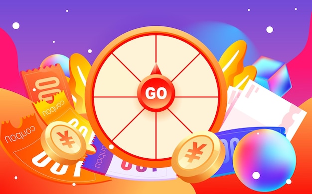 Annual lucky draw spinner event with various gold coins and coupons in the background, vector