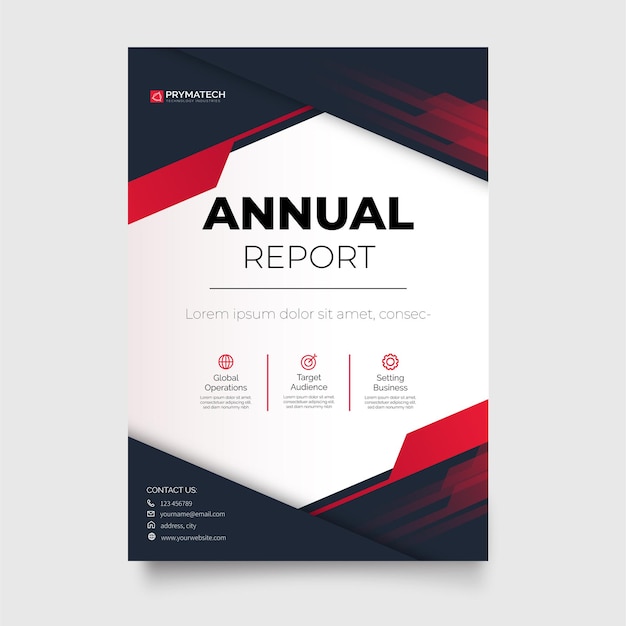 Vector annual report brochure template with abstract red shapes