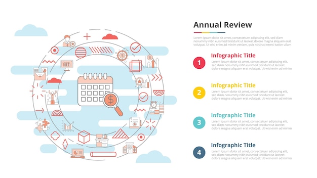 Vettore concetto di revisione annuale per banner modello infografico con illustrazione vettoriale di informazioni sull'elenco in quattro punti