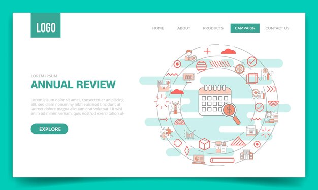 Vector annual review concept with circle icon for website template or landing page homepage vector illustration