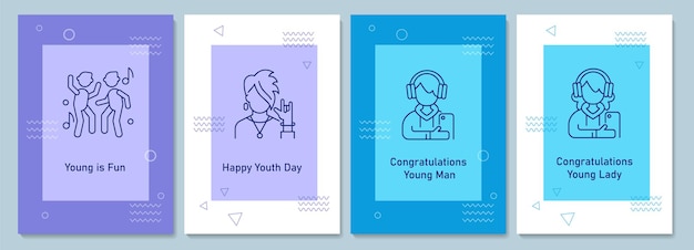 선형 글리프 아이콘 세트가 있는 엽서를 기념하는 연례 청소년의 날. 장식 벡터 디자인 인사말 카드입니다. 창조적 인 선화 일러스트와 함께 간단한 스타일 포스터입니다. 휴일 소원이 있는 전단지