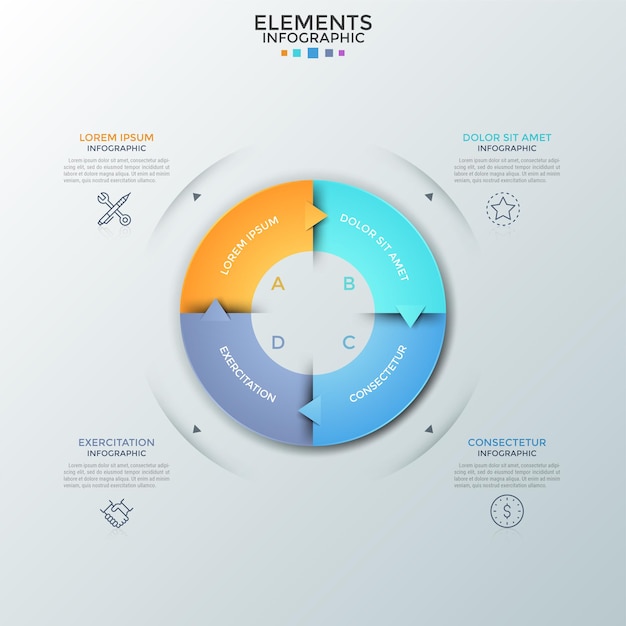 원형 차트는 화살표, 선형 아이콘 및 텍스트 상자가 있는 4개의 다채로운 동일한 부분으로 나뉩니다. 4단계로 구성된 폐쇄형 생산 주기의 개념입니다. 현대 infographic 디자인 서식 파일입니다. 벡터 일러스트 레이 션.