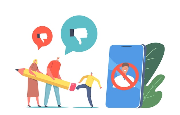 Annuleer cultuurverbod, wis identiteit, boycotconcept. Kleine personages wissen persoon met potloodwisser op enorme smartphone met afbeelding van verboden man op scherm. Cartoon mensen vectorillustratie
