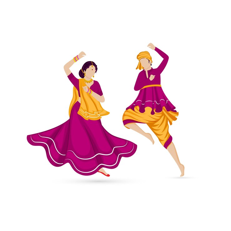 Vector anoniem indiaas koppel dat dandiya speelt in traditionele kleding op witte achtergrond